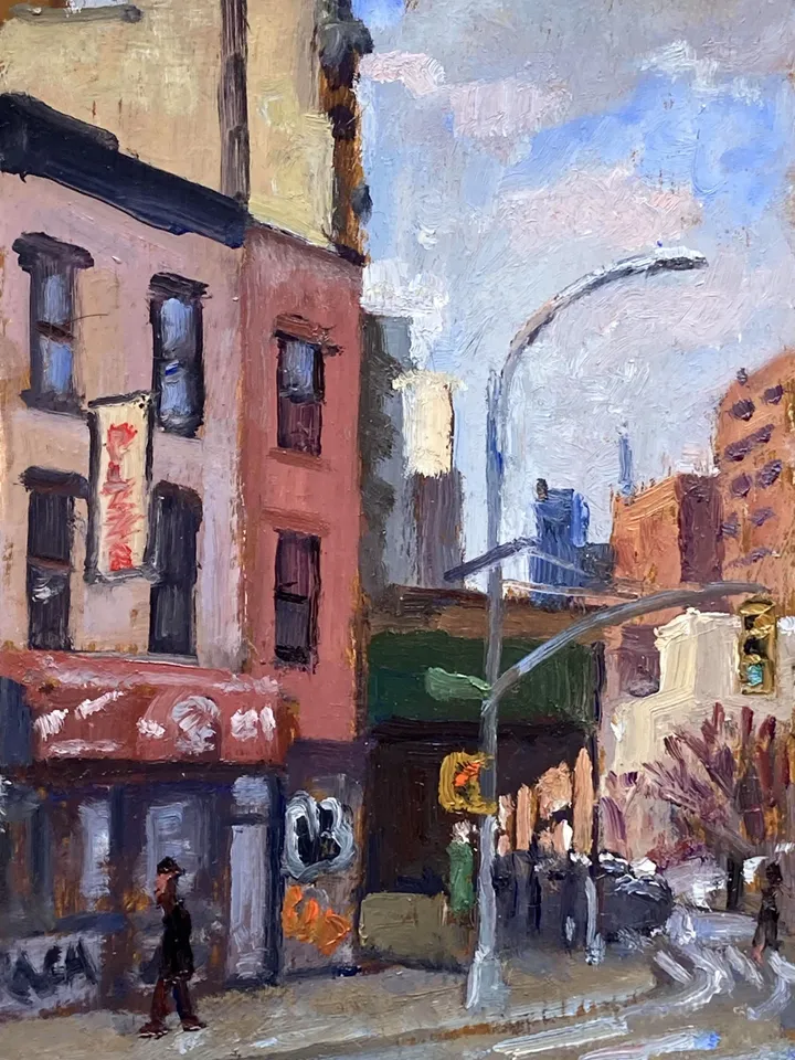 Small Original New York Oil Painting -Winter Light. Grand St/NYC- 5x8 Oil on Panel, Impressionist Landscape, Lower East Side Cityscape