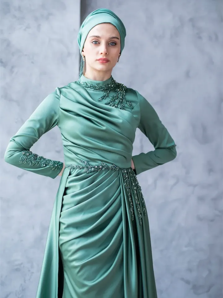 AHUNARE HIJAB - Mercan Mint Satin Tailed Embroidered Wedding Dress, Muslim Evening Gown, Nikah, Islamic Wedding, Engagement, Bridesmaid,