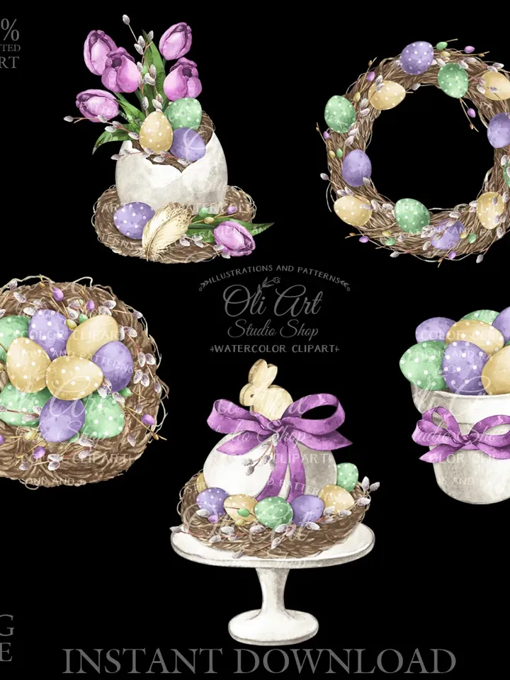 Easter Clip Art. Easter Wreath. Cute Bunny. Png File, Hand Drawn graphics. Digital Download. OliArtStudioShop
