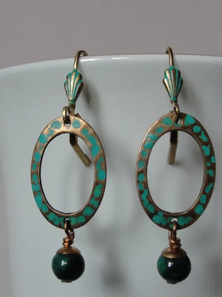 Boho Shabby chic Vintaj solid and natural brass Chrysocolla earrings Textured patinated
