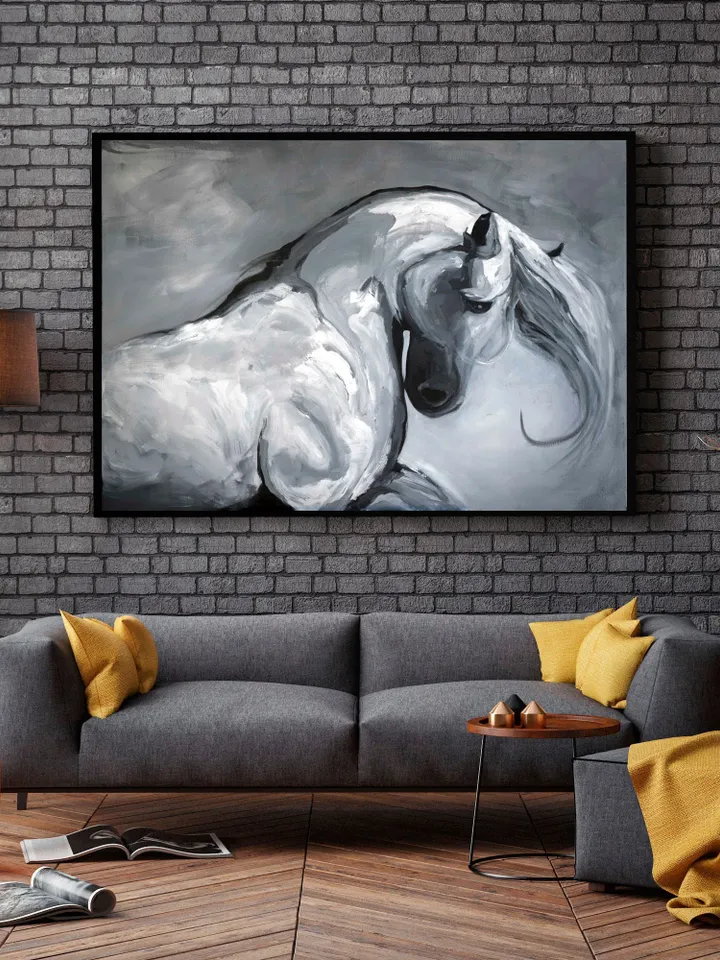 Horse Painting on Canvas, Horse Portrait,Extra Large Horse Painting, Black and White Horse Painting, Handmade Horse Artwork,Horse Lover Gift