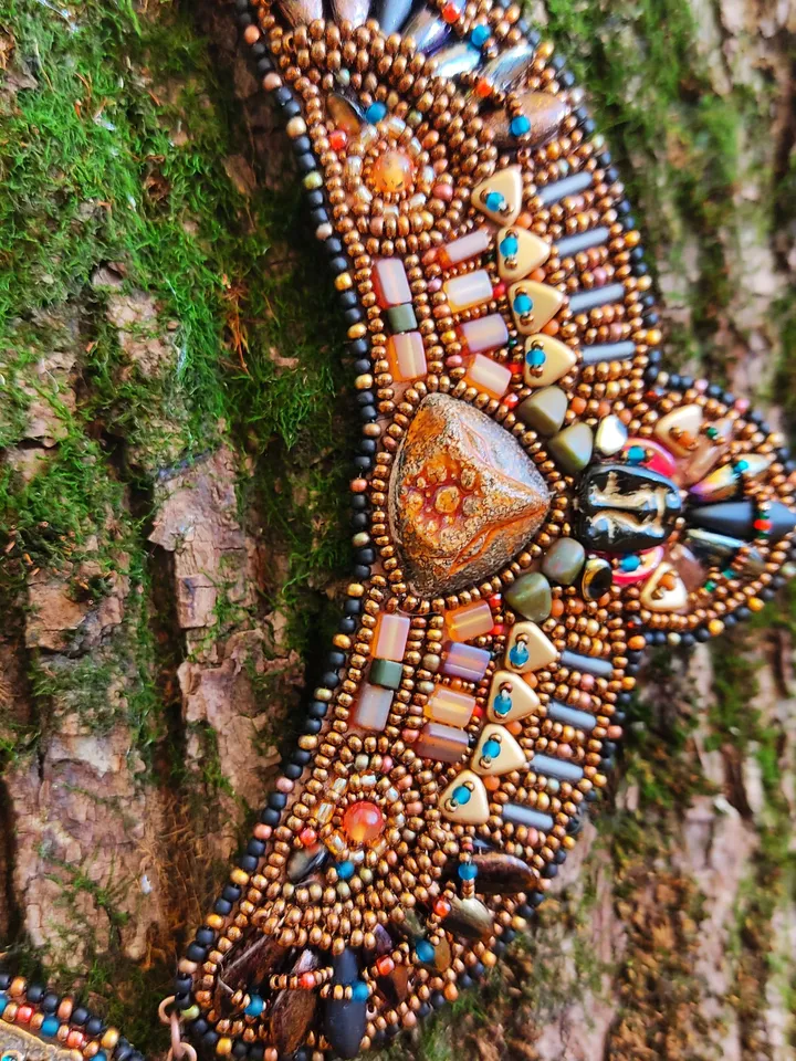 Embroidered necklace Spirits of the forest beaded necklace agate owl fox necklace ethnic boho necklace talisman totem