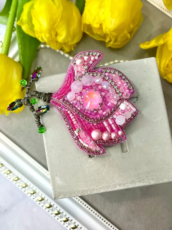 Magnolia Beaded Brooch, Handmade Embroidered Accessory, Crystal Flower of Pink Color Pin, Flower Brooch, Pink Flower