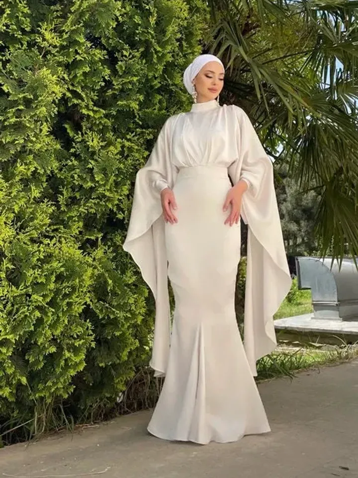 AHUNARE HIJAB - Erva White Mermaid Satin Wedding Dress, Muslim Evening Gown, Nikah, Islamic Wedding, Engagement, Bridesmaid,
