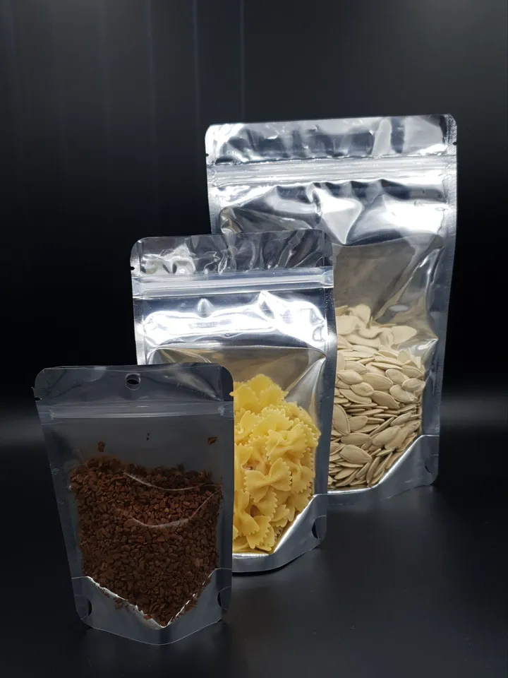 Clear Silver Hyaline METALIZED STAND UP Pouches, Food Storage Bag, Coffee bean Bag Chocolate Candy Spice Herbal Tea Zipper Locked Packages