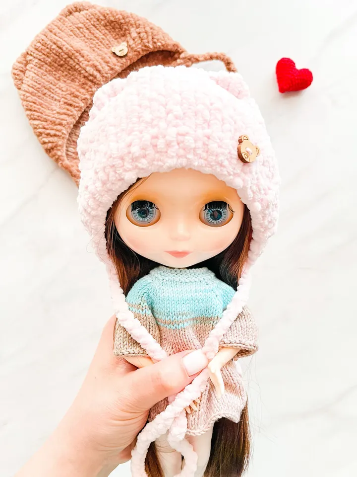 Blythe plush bear bonnet hat for doll plush hat bear hat