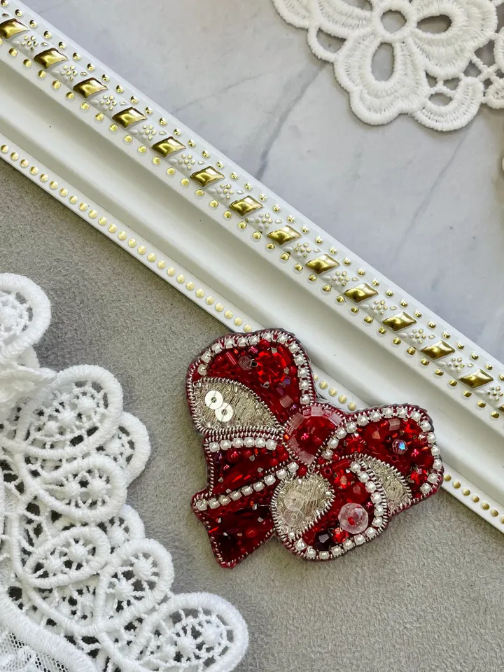 Red Bow In Silver Beaded Brooch, Handmade Embroidered Jewelry, Delicate Brooch, Pin Red, Bow Brooch, Embroidery Brooch