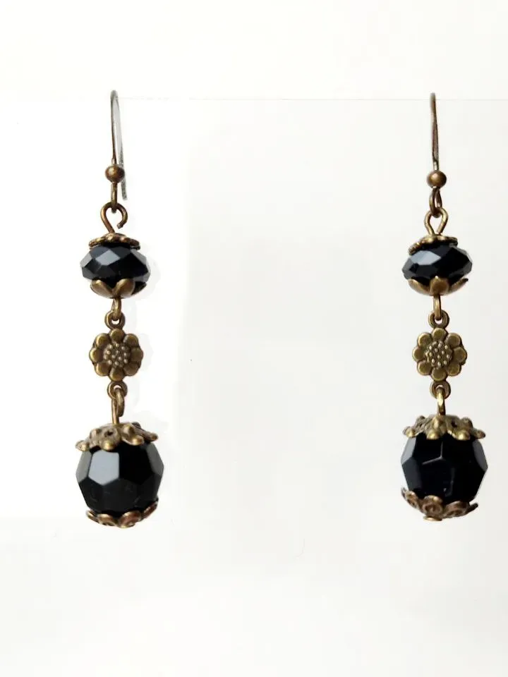 Earrings black agate long antique bronze dangle drop