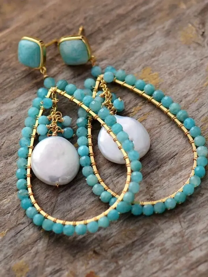 Amazonite Earrings, Amazonite Teardrop Earrings, Amazonite and Pearl Earrings, Amazonite Jewellery, Green Teardrop Gemstone Earrings, Boho