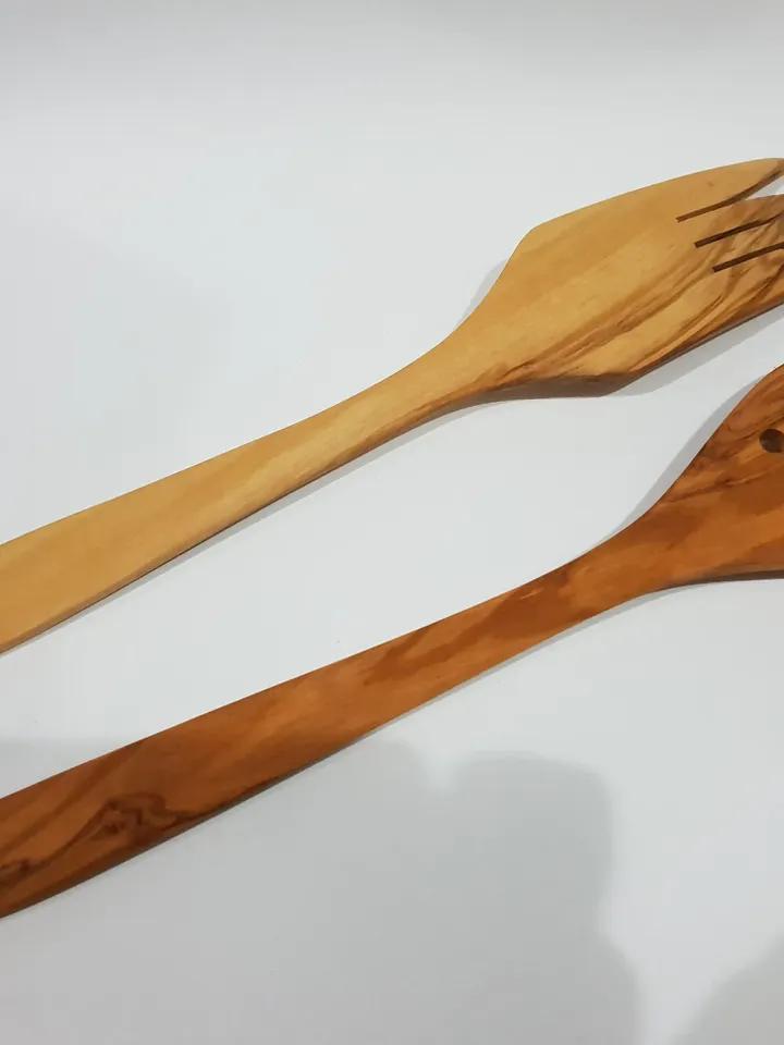 Wooden Set of Big Fork (Forchettone) + Big Spatula with 6 holes 13.78 Inches - AKwood - You will get what you see!