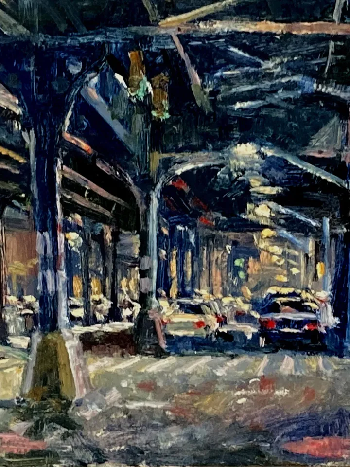 New York Nocturne Cityscape Painting - From 215th Street/NYC - 8x12 Oil on Panel, Impressionist Night Scene, Signed Original