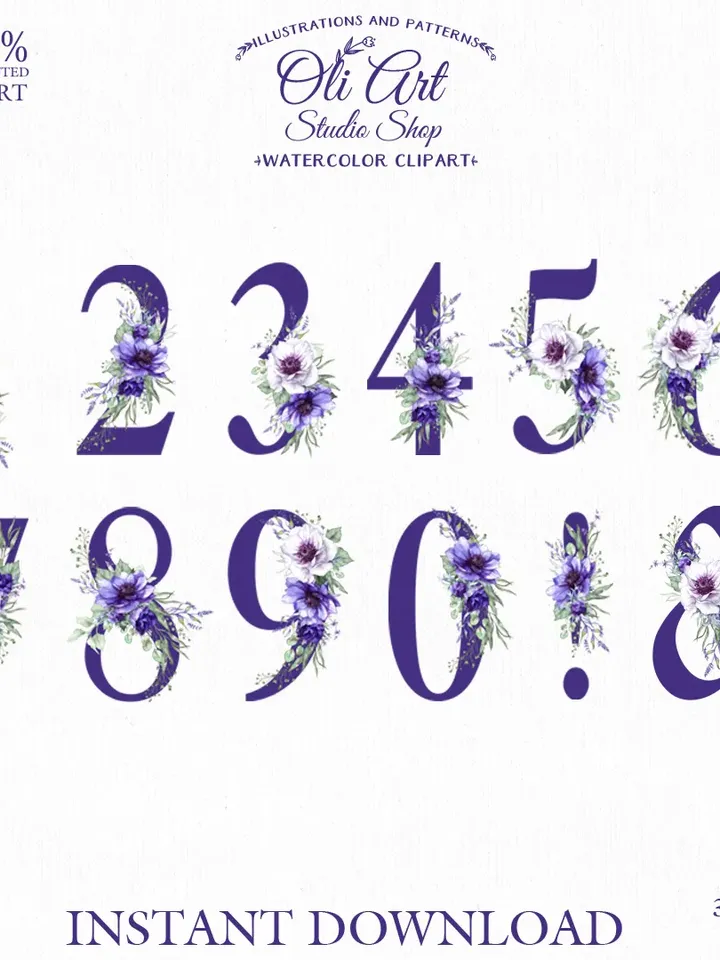 Alphabet. Anemone Flowers. Letters, Numbers. Hand Drawn graphics. Digital Download. OliArtStudioShop