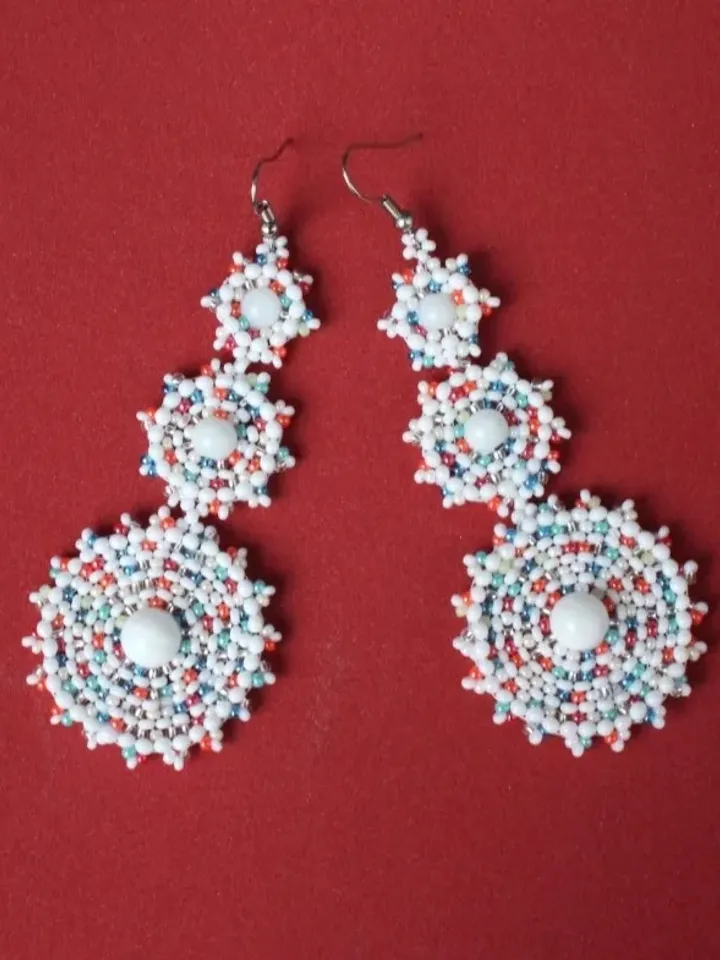 Long White Earrings Seed Bead Earrings Beaded Dangle Earrings Statement Boho