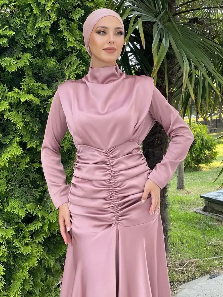 AHUNARE HIJAB - Dilara Powder Satin Bridesmaid Dress, Muslim Evening Dress,Islamic, Engagement, Bridesmaid,, Prom Dresses, Long Dress,
