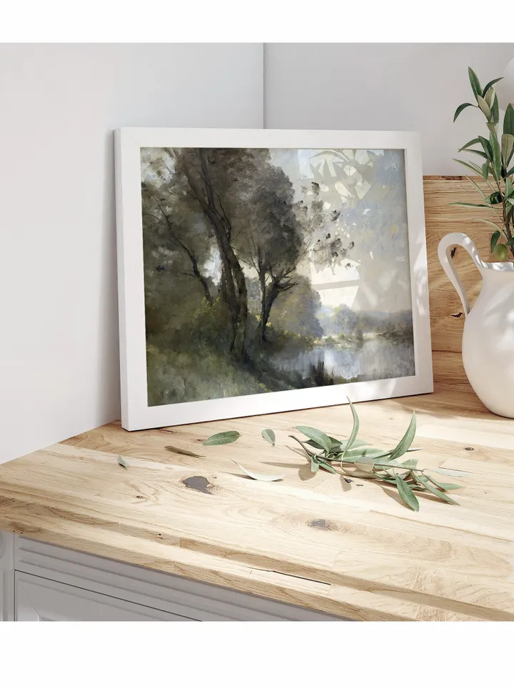 Muted Green Landscape Vintage Art Print, Riverside Antique Painting, Printable Decor, Downloadable | 383