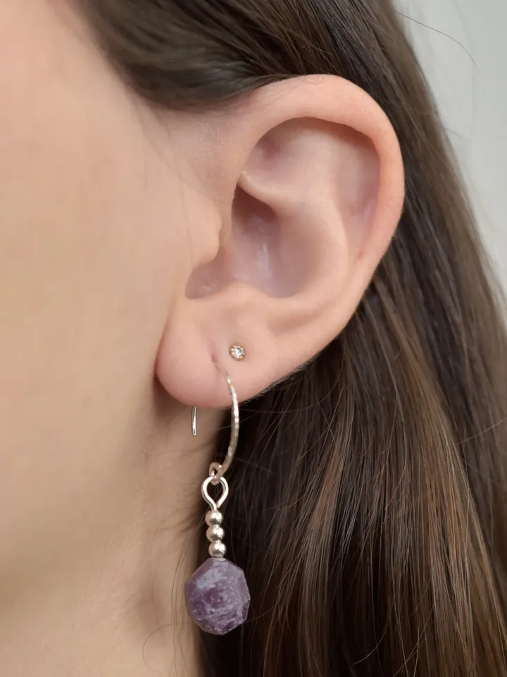 Textured Sterling Silver Hoop Earrings with Raw Afghan Rubies