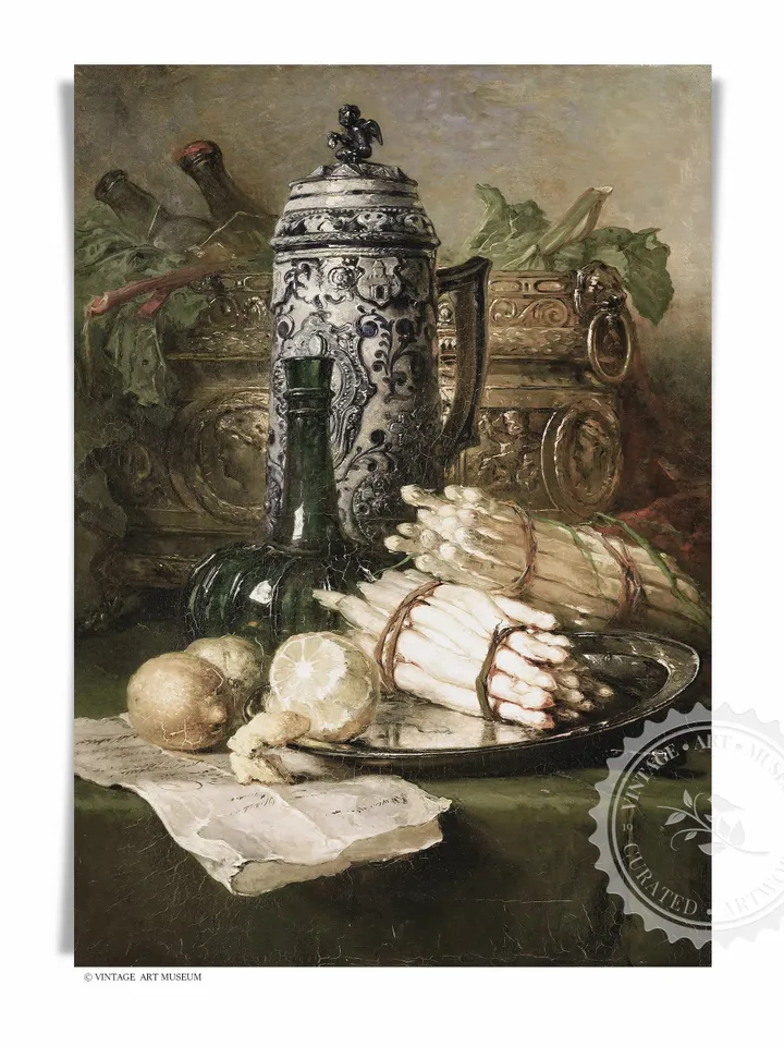 Rustic Still life Pottery Jug Vintage Print, Lemon Asparagus, Farmhouse Kitchen Painting Printable Art | 208