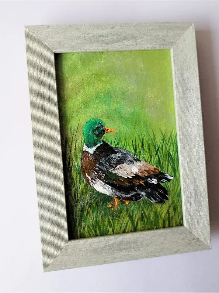 Duck little bird painting, Small wall decor, Farm birds acrylic painting on canvas art impasto