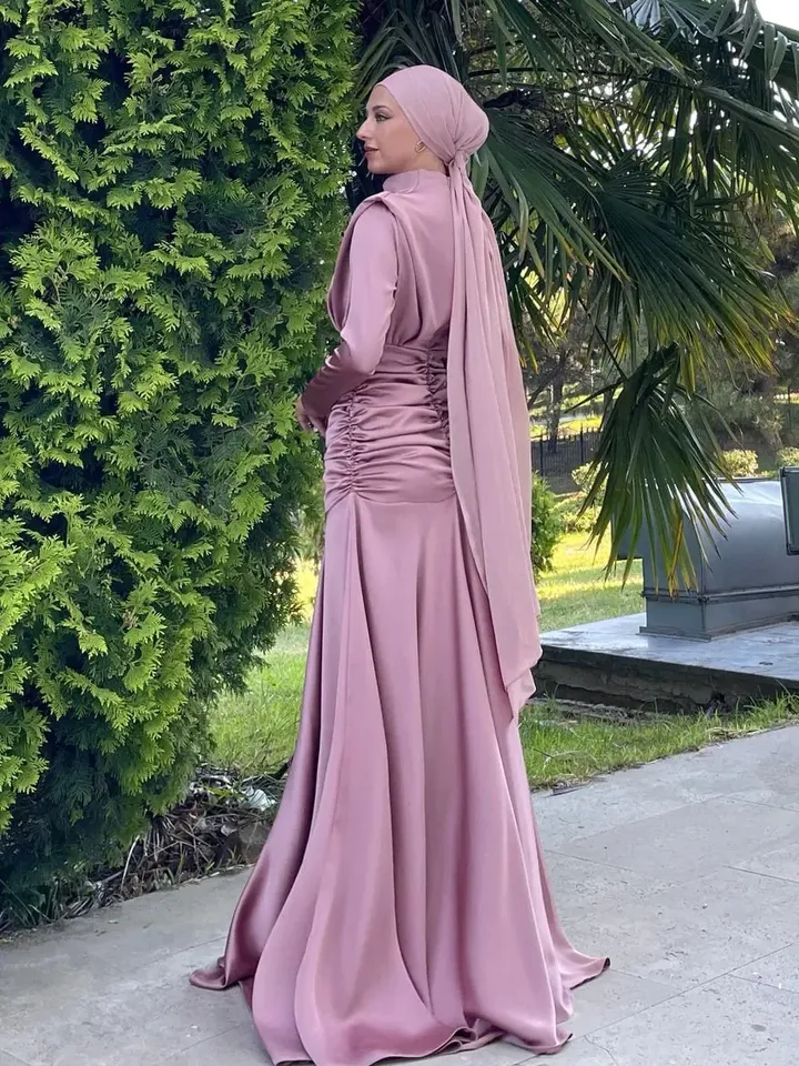 AHUNARE HIJAB - Dilara Powder Satin Bridesmaid Dress, Muslim Evening Dress,Islamic, Engagement, Bridesmaid,, Prom Dresses, Long Dress,