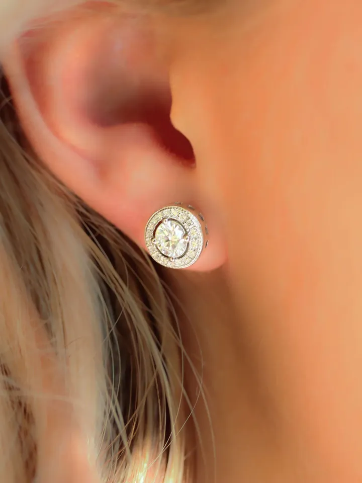 ROUND CUT EARRING | Round Cut Halo Diamond Wedding Stud Earrings | 14k Solid Gold Simulated Diamond Stud Earring | Women Gold Earrings