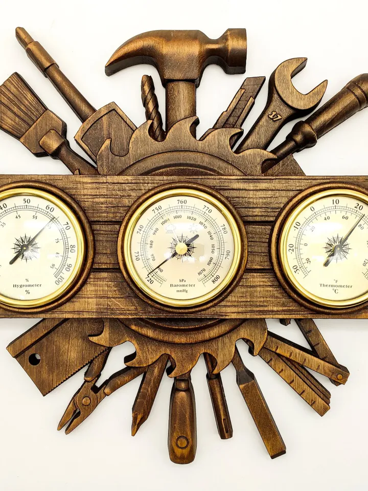 Weather Station; Barometer Hygrometer Thermometer, Wooden wall decor, Rustic decor, Wooden clock, Wooden Carver Panel, carved wall art