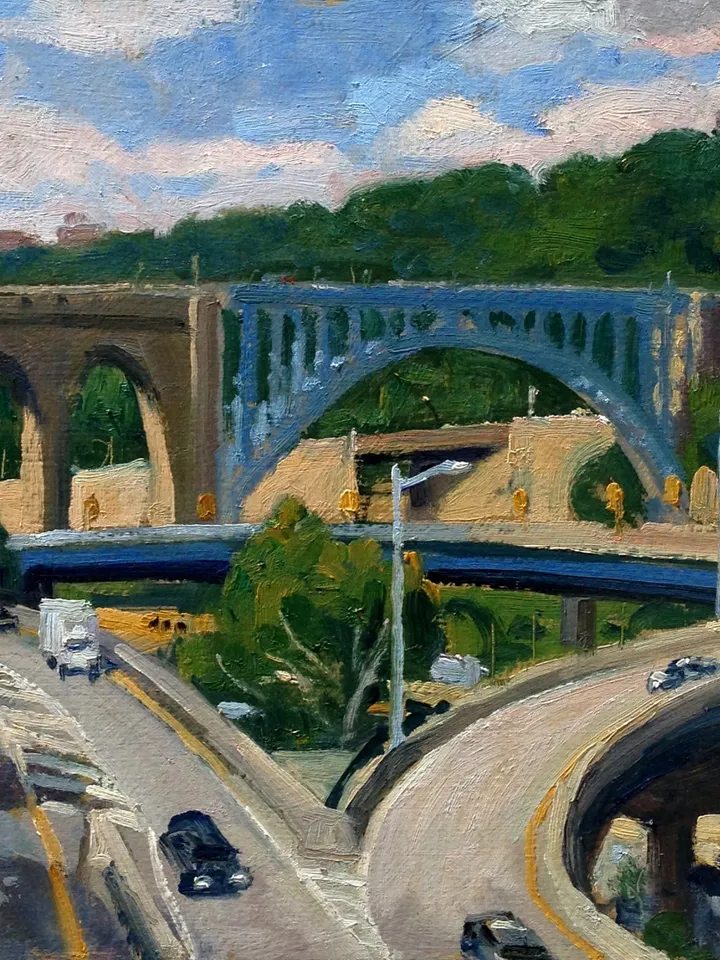 Original New York Cityscape Painting - High Bridge/Bronx/NYC- 10x10 Oil on Panel, Urban Industrial Impressionism, Signed Original