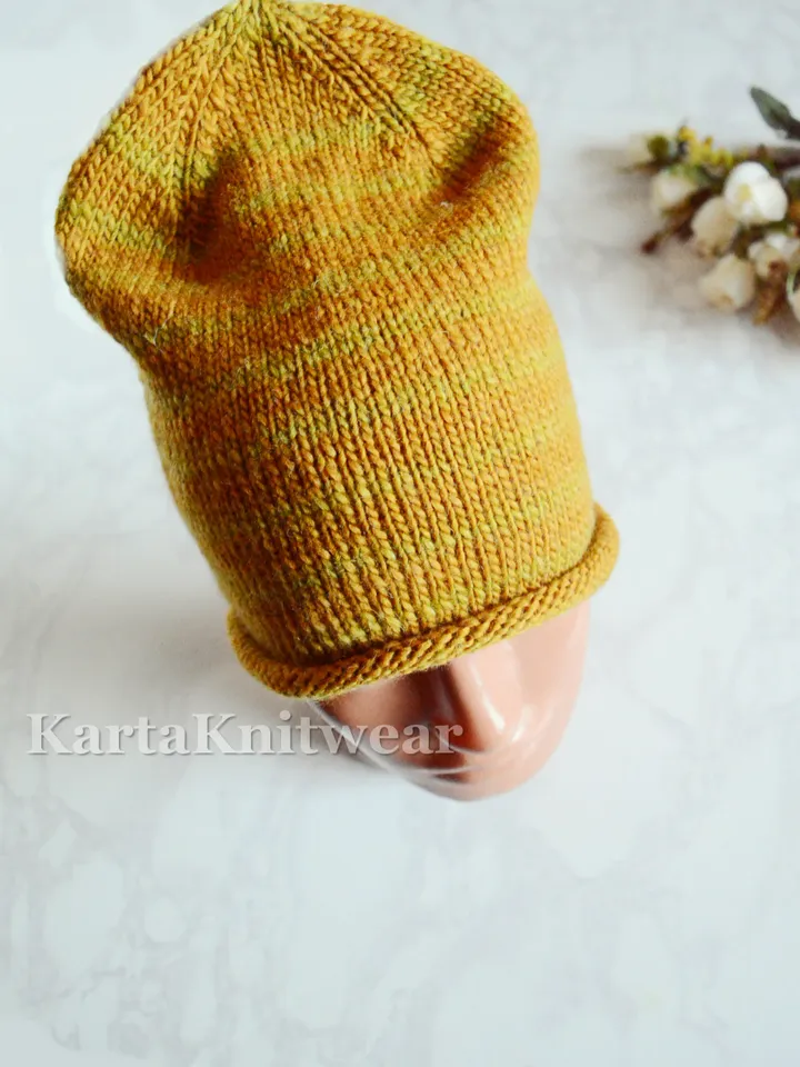 Knitted mustard colored beanie hat for women