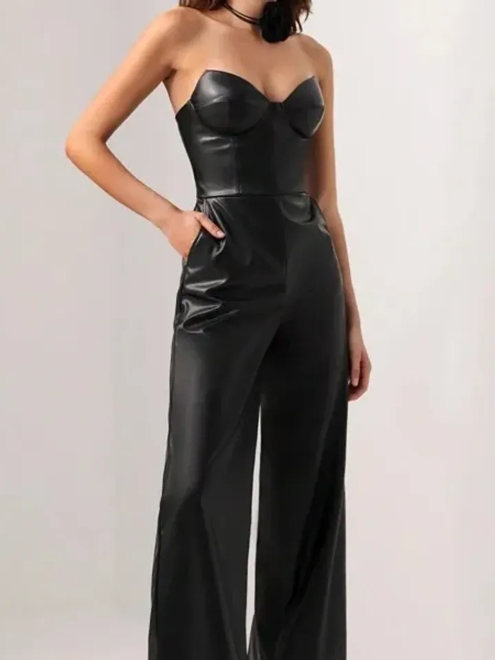 Faux PU Leather Strapless Backless Pocket Wide Leg Tube Jumpsuit Women Ladies Casual Party Club
