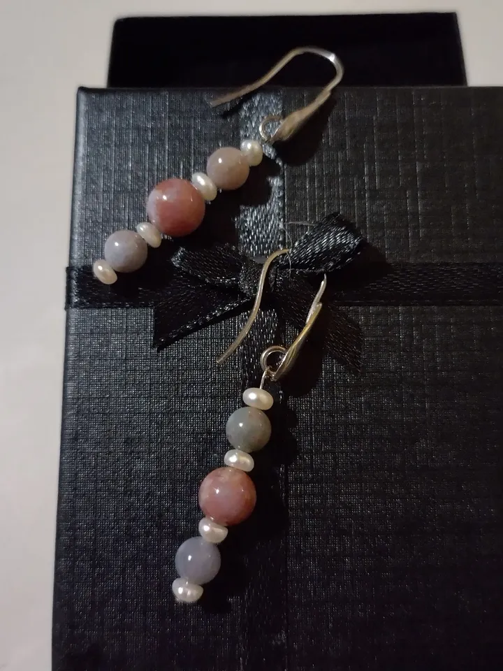 Sterling silver earrings with jasper and cultured pearls