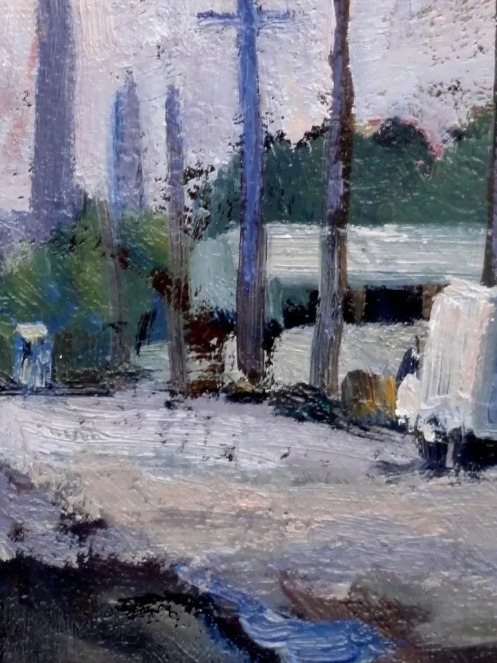 Original Vintage Greenpoint Cityscape Painting - Under the Kosciuszko Bridge/Brooklyn/NYC - 14x18 Oil on Canvas, New York Landscape