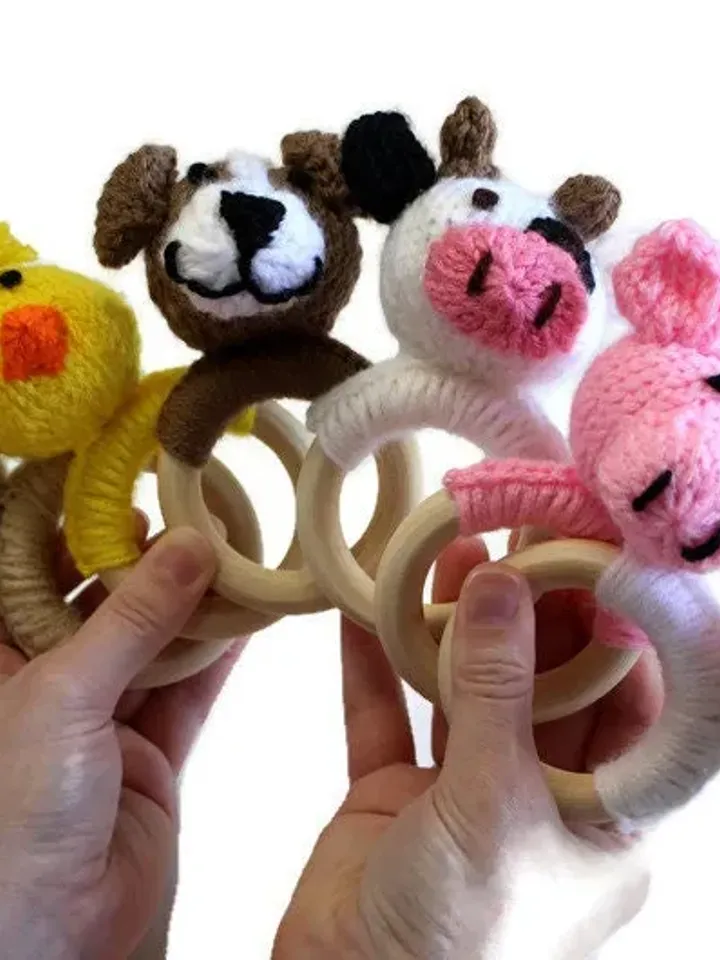 Crochet Spotted Cow Rattle, Soft Rattles with Wooden Rings, Jingling Soft Baby Toy, Newborn Baby Shower Gift Ideas, Barnyard Farm Animals