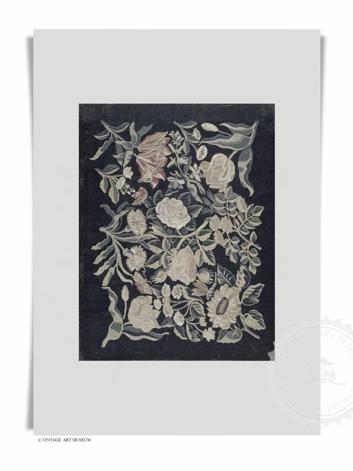 Navy Blue Textile Wall Art Vintage Print, Floral Rug Pattern, Printable Home Decor, Downloadable | 204