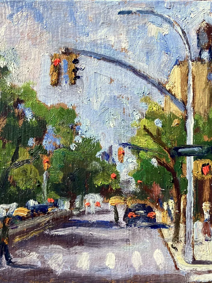 Small Original New York Cityscape Painting - From Broadway and 148th/NYC - 4x4 Oil on Panel, New York Urban Impressionist Landscape