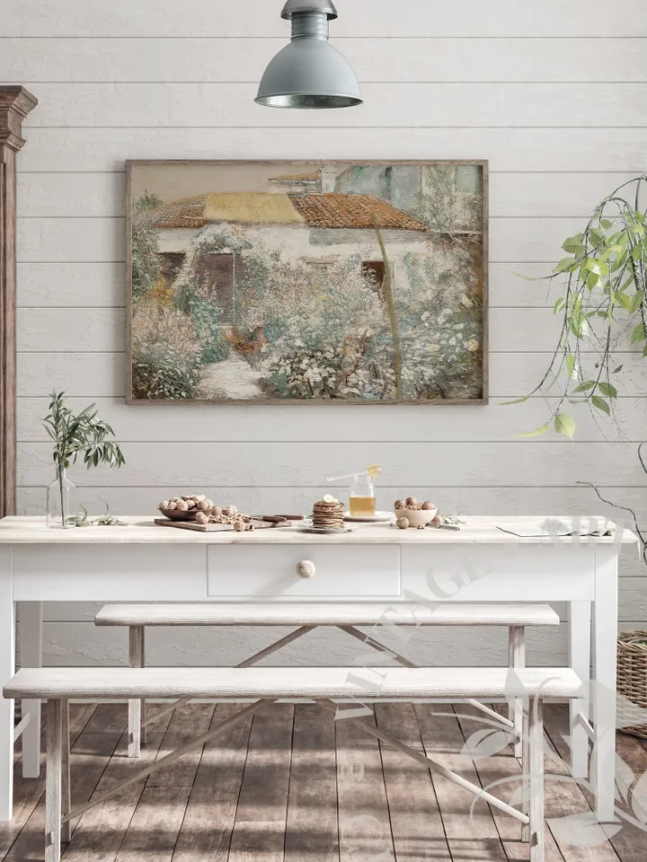 Cottage Oil Painting, Blossoming Garden Wall Art, Vintage Landscape, Printable Digital Farmhouse Decor | 47