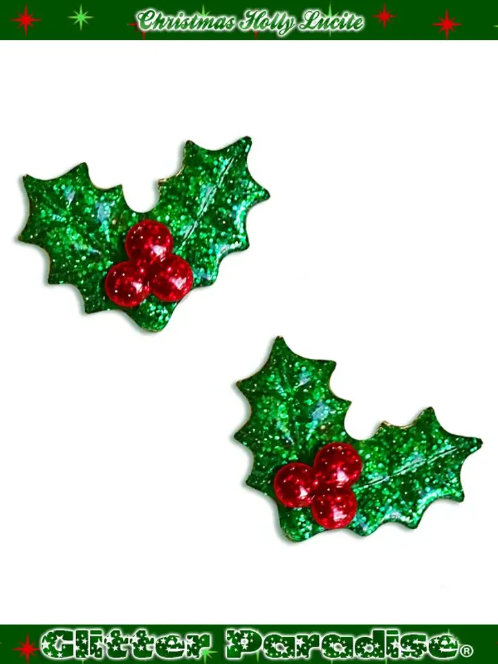 Christmas Holly Lucite - Earrings - Retro Christmas Holy - Merry Christmas - Holly Berries - Christmas Holly Jewelries - Glitter Paradise®