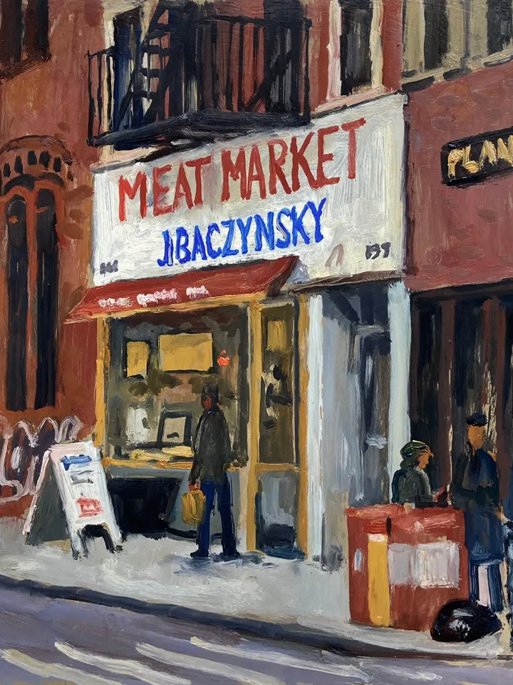 New York City Painting - East Village Meat Market / NYC - 8x10 Oil on Panel, Urban Impressionism, Signed Original Cityscape