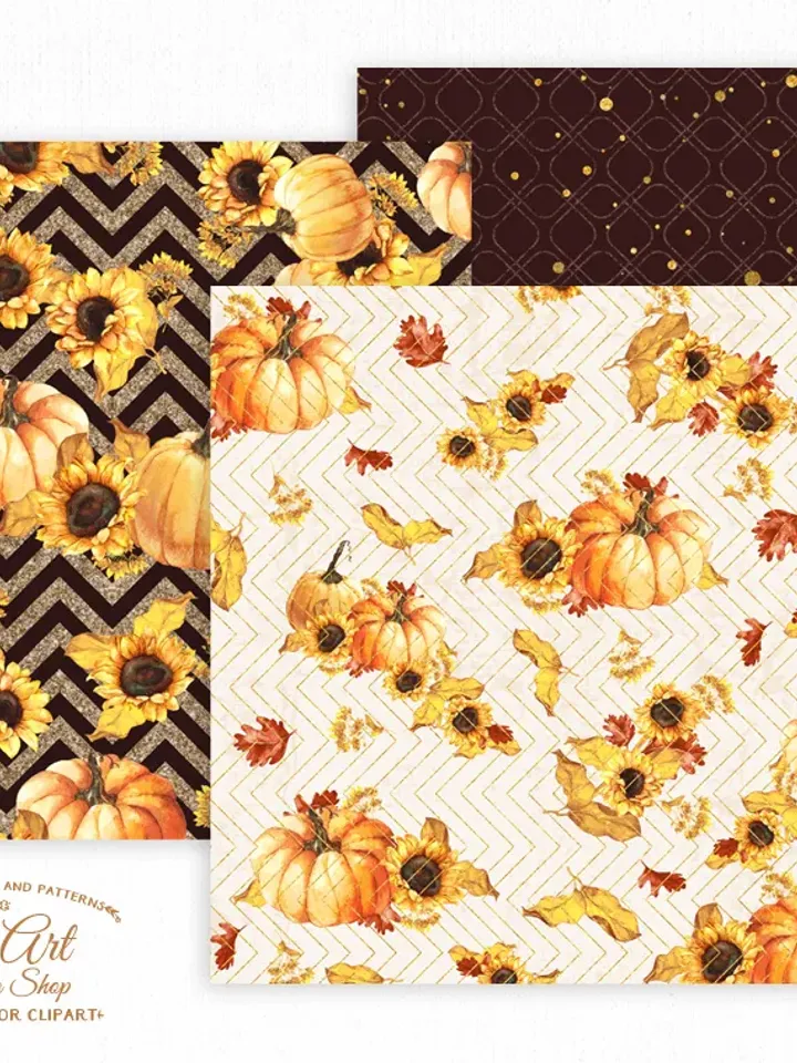 Digital paper pack. Watercolor sunflower and Pumpkin clipart digital backgrounds
