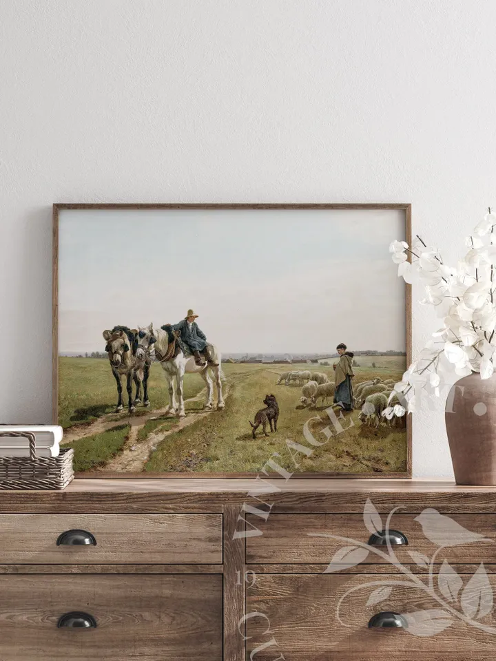 Ranch Art Print Antique Landscape Oil Painting, Farm Animal Vintage Farmhouse Decor, Downloadable PRINTABLE | #06