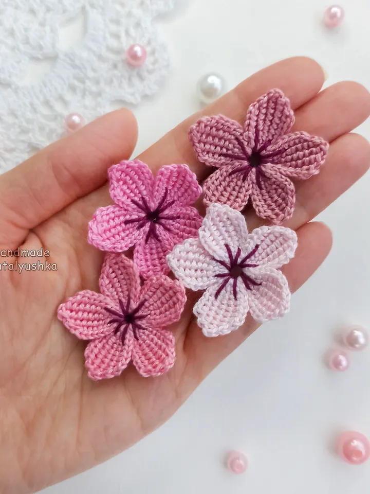 Pink Cherry blossoms, Set of 8 flowers, Sakura flowers appliques, Spring flowers, Crochet Mini Flower