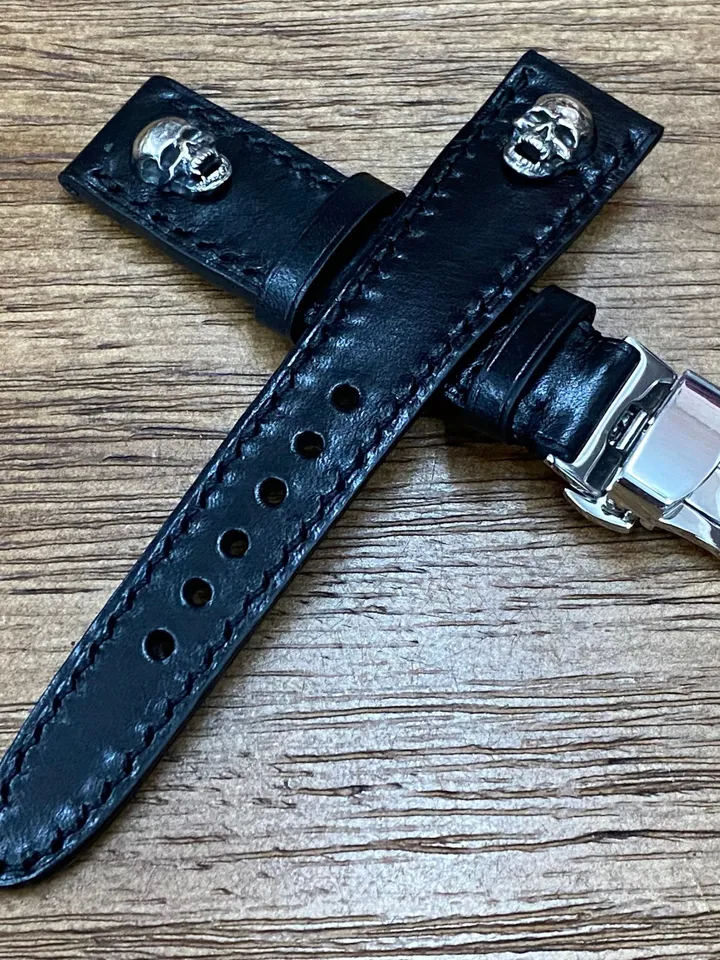Leather Watch Straps 19mm Sterling Silver 925 Skull, Butterfly Clasp Wrist Watch Band in Black Genuine Leather 20mm, Gift Ideas for husband