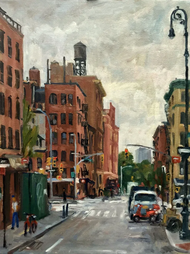 New York Cityscape Painting - Orchard and Rivington Street/NYC- 14x18 Oil on Canvas, Urban Impressionist Fine Art, Signed Original Landscape