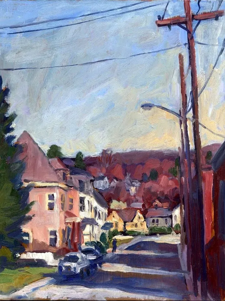 Original Cityscape Painting - Afternoon Light/North Adams- 8x10 Oil on Panel, American Plein Air Impressionist Landscape, Signed Original