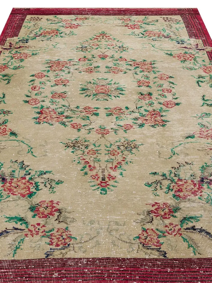 Transform Your Room with the Traditional Turkish Rug - 5.5ft x 8.5ft Beige Carpet with Flower Embossing and Vintage Floral Frame