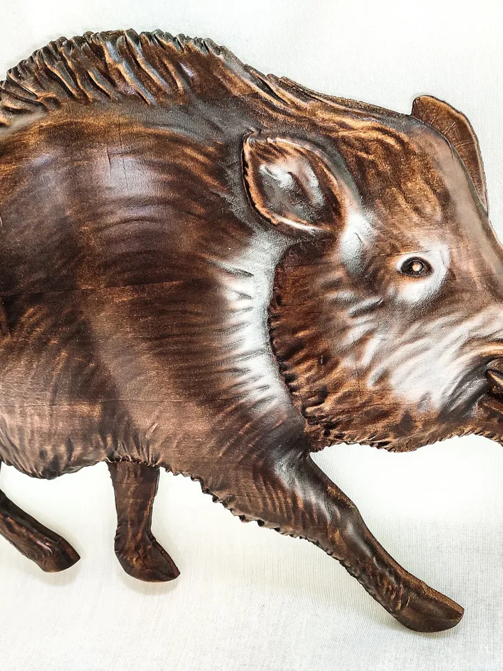 Wild Boar Wall Art Panel, Wooden Carver Panel Wild Boar, Wooden Gift Hunting, 3D carved wood wall art a Boar
