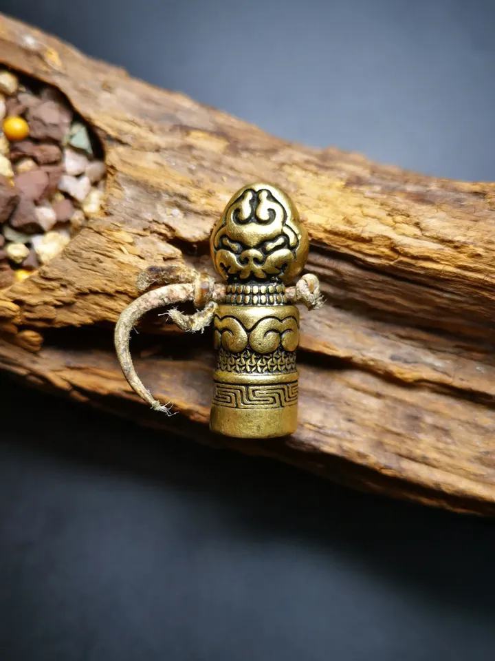 Gandhanra Vintage Brass Tibetan Stamp Seal,Auspiious Meaning, Hand Crafted Amulet Pendant from Tibet
