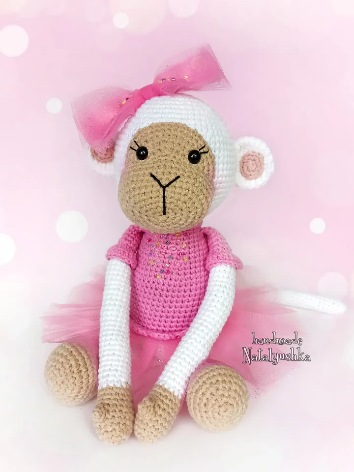 White Monkey soft Toy, Ballerina monkey, Handmade Monkey girl, Crochet monkey in a pink dress, Nursery decor