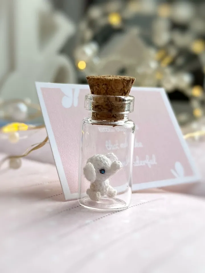 Micro crochet animals in glass bottle necklace long distance gift for best friends mini figurines glow in the dark