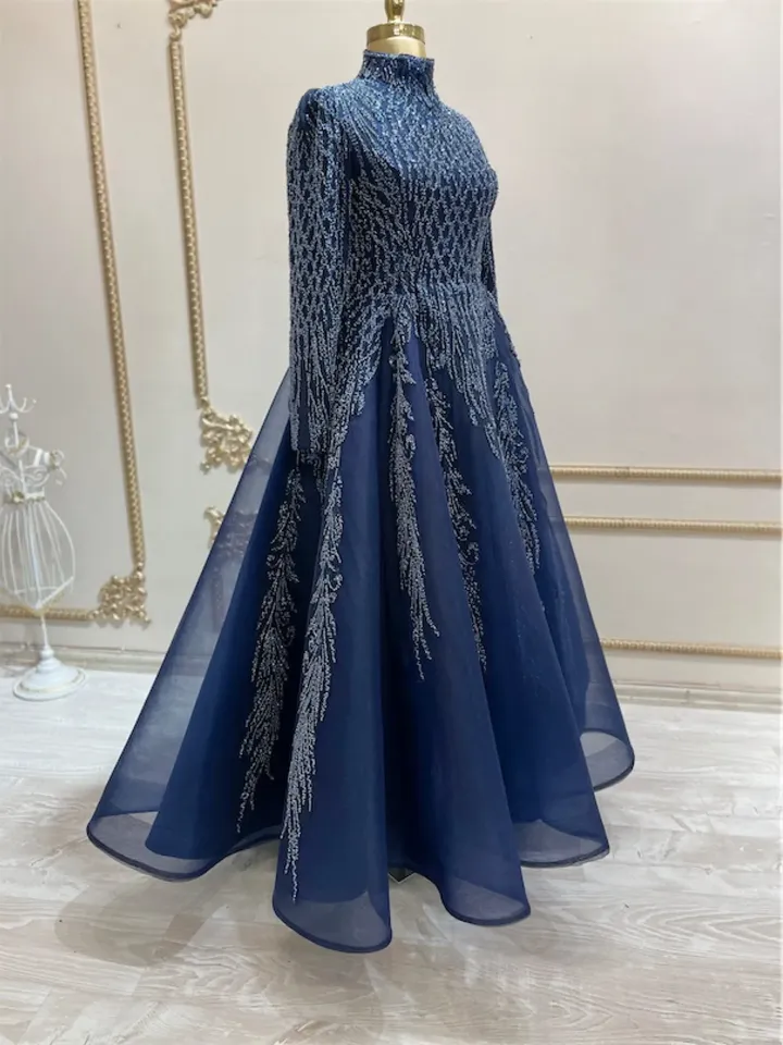 AHUNARE HIJAB - Şirin  Navy Blue Embroidered  Wedding Dress, Muslim Evening Gown, Nikah, Islamic Wedding, Engagement, Bridesmaid,