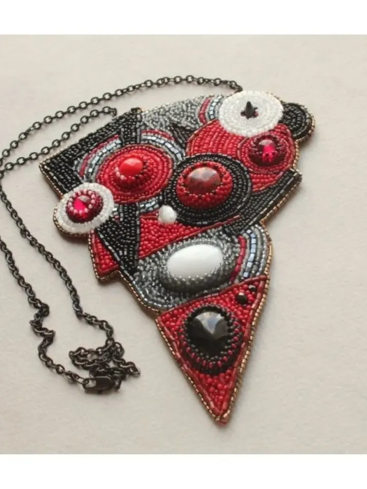 Abstract triangular beaded pendant necklace modern jewelry red black white modern Abstraction