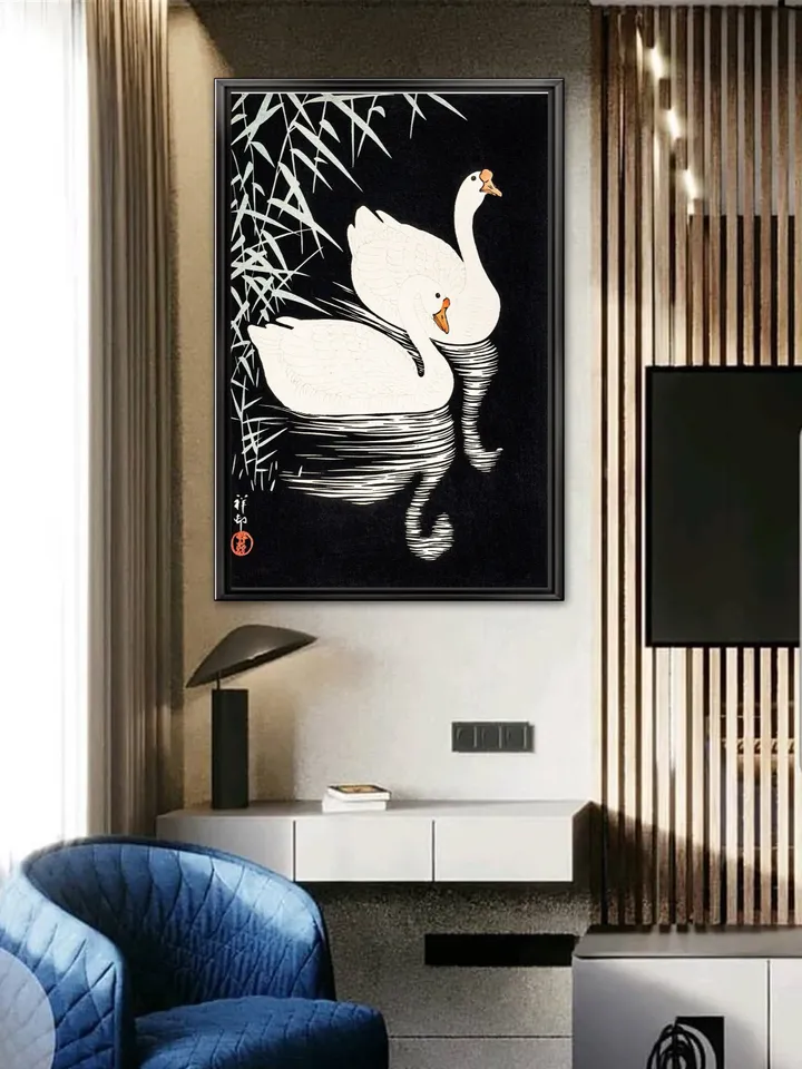 Ukiyo-e Japanese Print - Swan and Reeds Print on Canvas , Floating Frame Option, Modern Wall Art, Extra Large Canvas Wall Art
